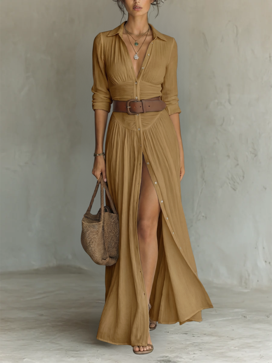 Long Maxi Dress with Notched Collar and Long Sleeves for Women 5