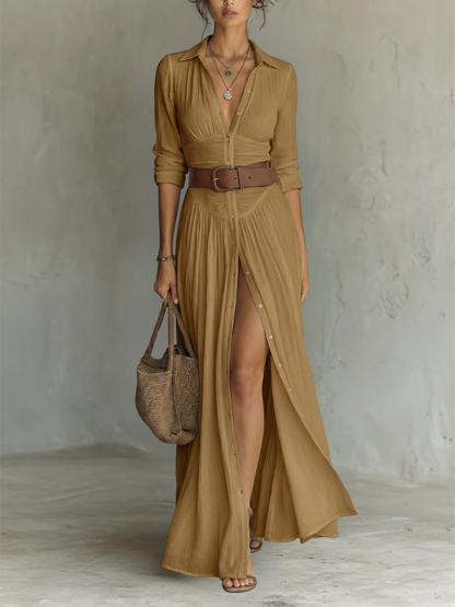 Long Maxi Dress with Notched Collar and Long Sleeves for Women 5