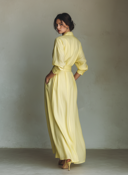 Maxi Shirt Dress for Women in Lemon Yellow with a Tie Belt & Three-Quarter Sleeves 4
