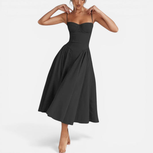 Midi dress with spaghetti straps and flared skirt 0