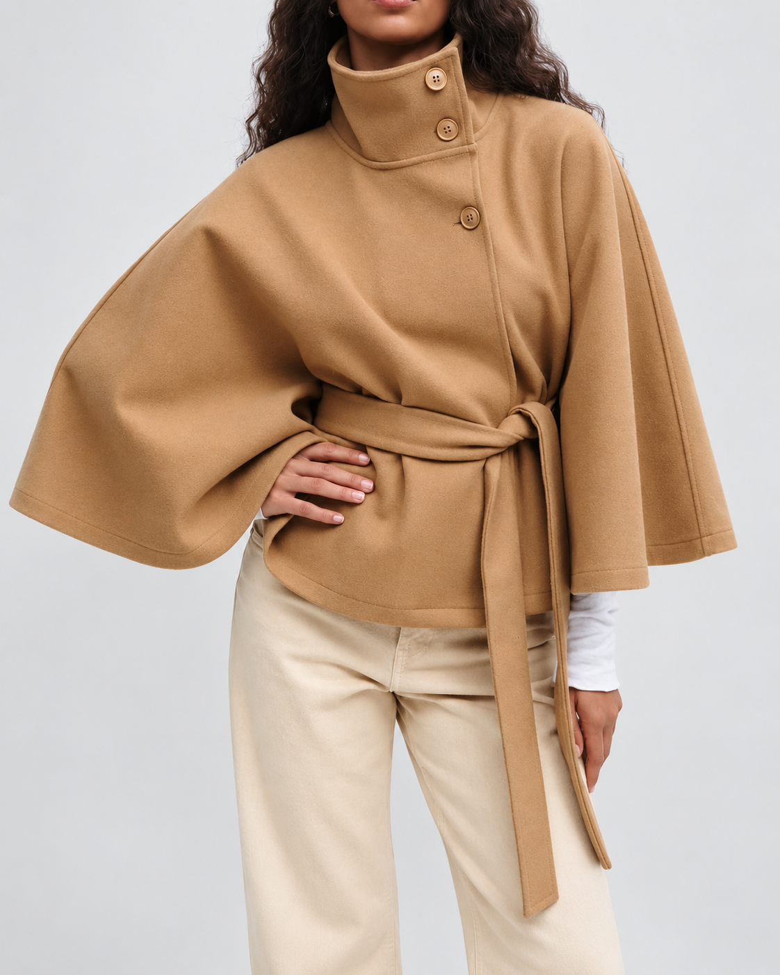 Women's Wool Cape Coat – Belted, Funnel Neck