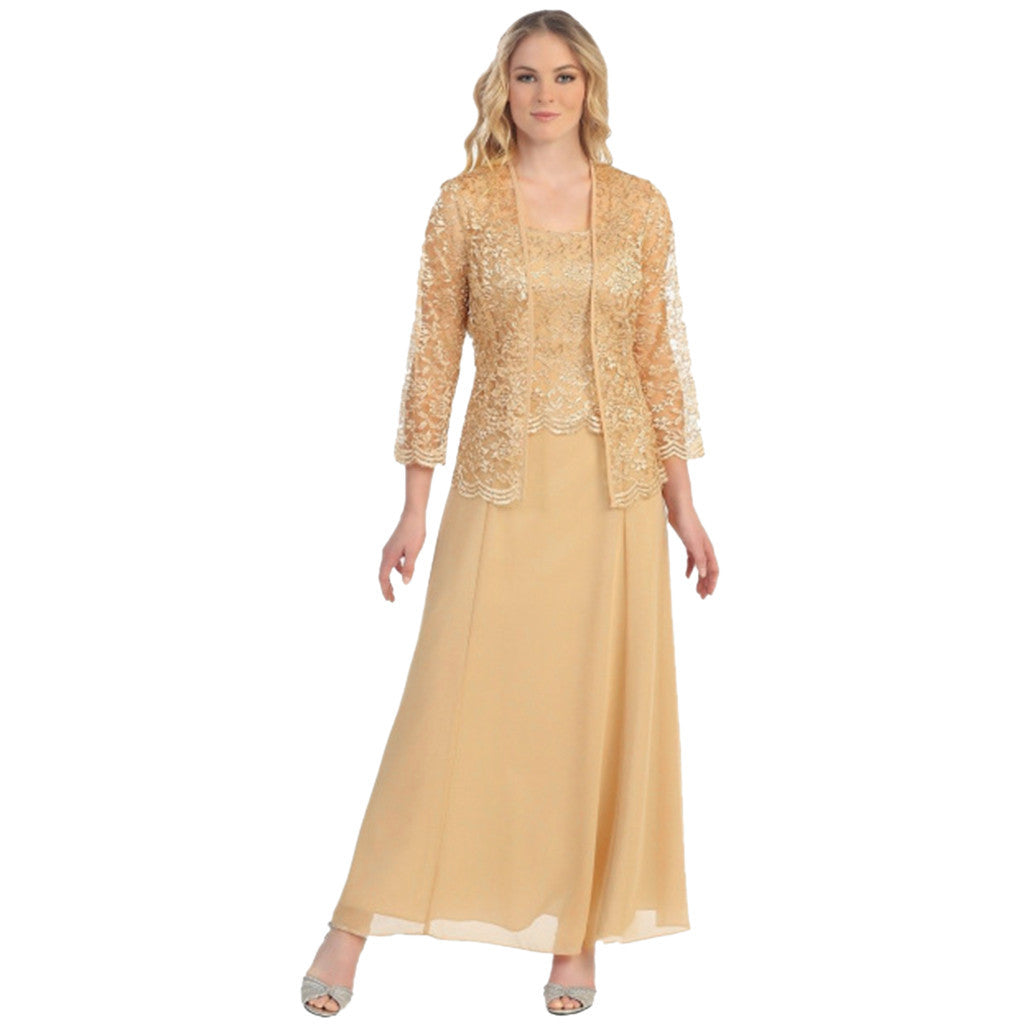 Women's Two-Piece Maxi Dress Set – Lace Bolero, Square Neck