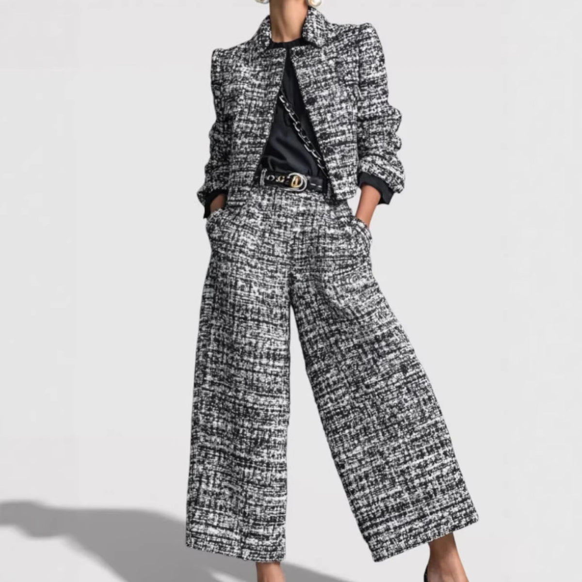 Women's Tweed Blazer Set – Wide-Leg Pants, Textured Woven