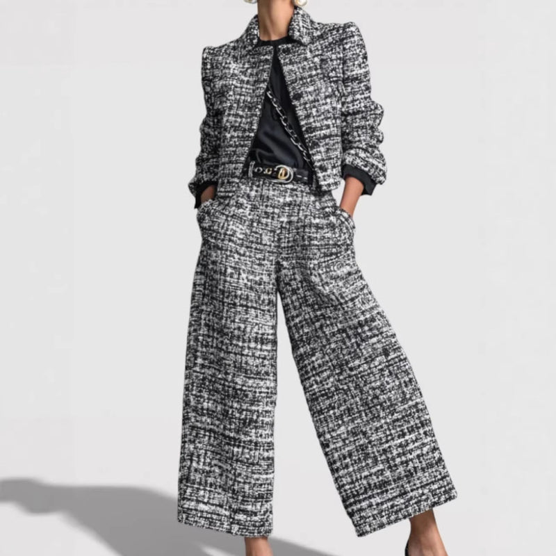 Women's Matching Set – Tweed Blazer, Wide-Leg Pants