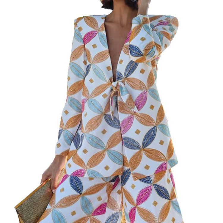 Women's Two-Piece Set – Jacquard Blazer, Wide-Leg Pants