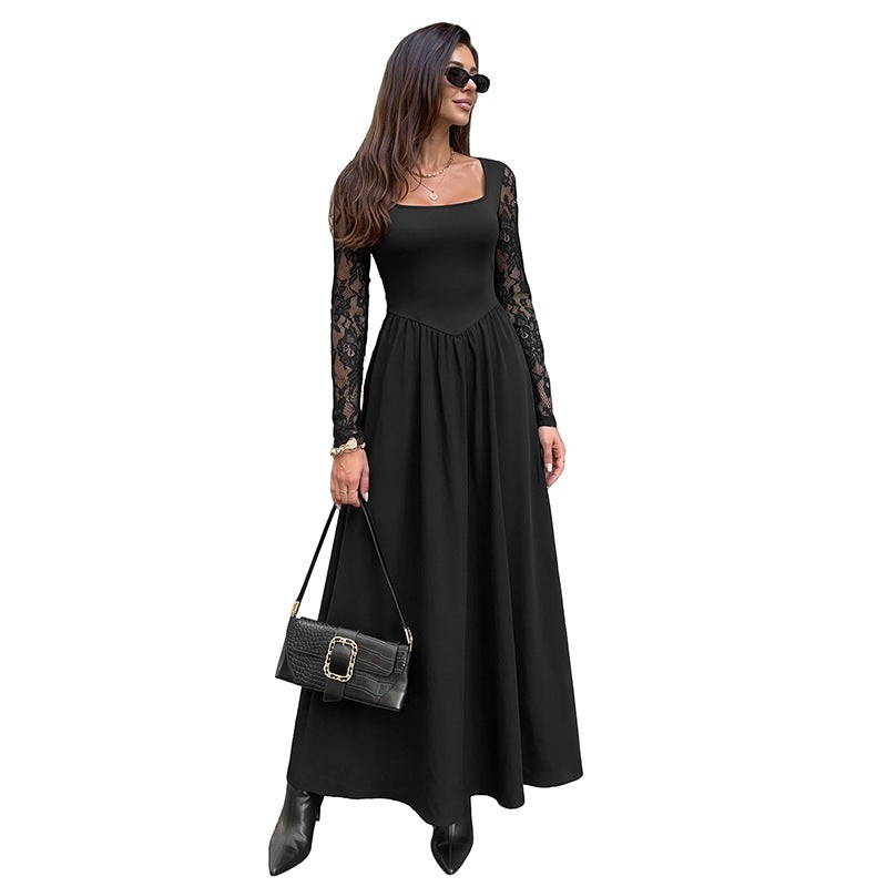 Women's Midi Dress – Lace Long Sleeve, Square Neck