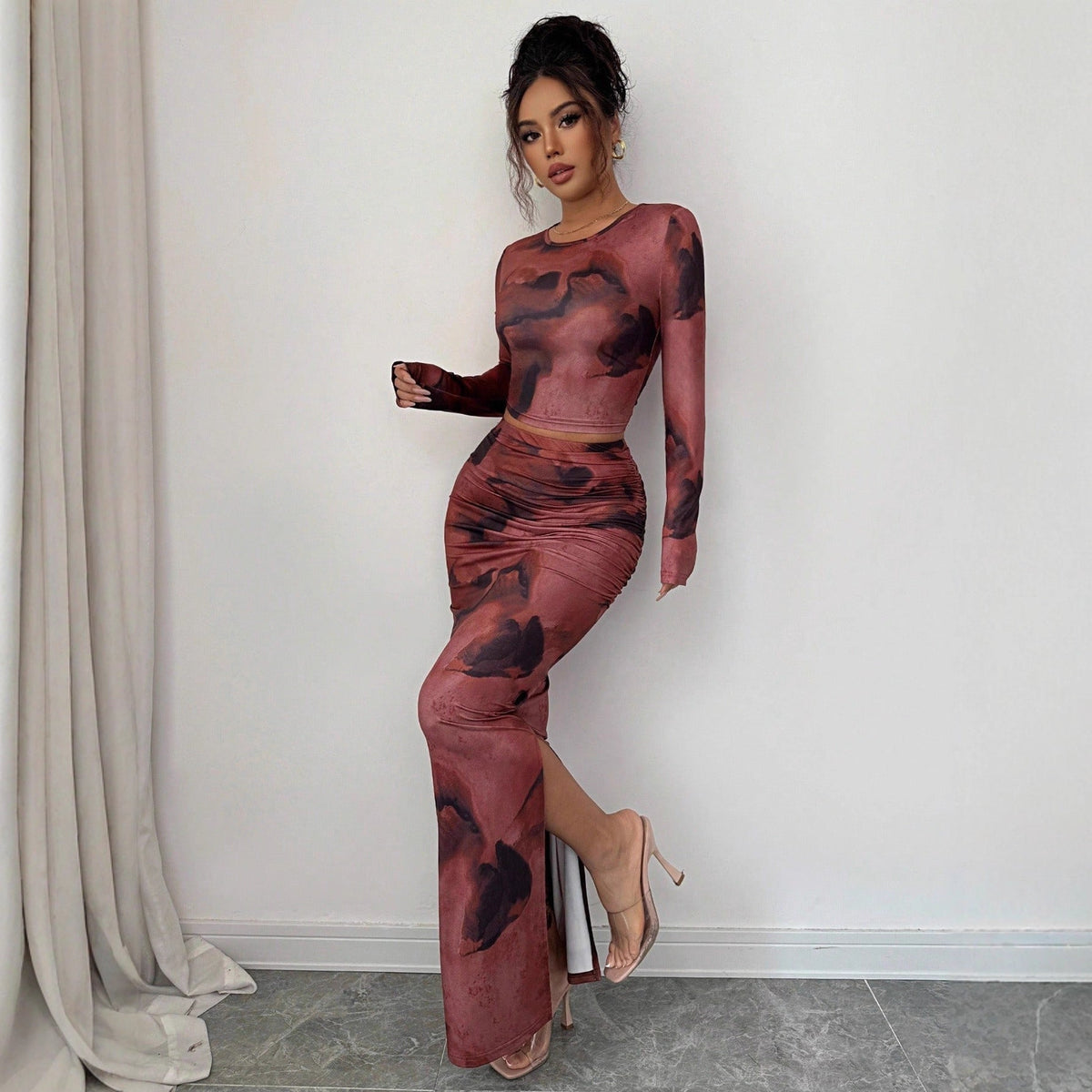 Women's Two-Piece Set – Ruched Mesh, Side Slit, Midi