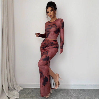 Women's Two-Piece Set – Ruched Mesh, Side Slit, Midi
