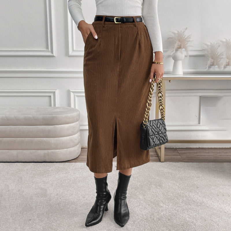 Women's Corduroy Midi Skirt – Front Slit, Elastic Waistband