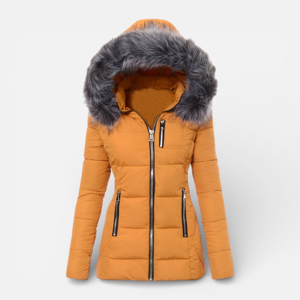 Women's Quilted Hooded Jacket with Faux Fur Trim