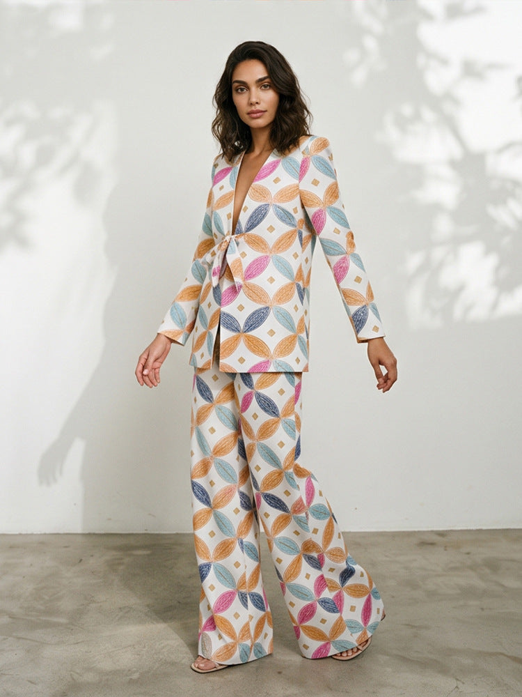 Women's Two-Piece Set – Jacquard Blazer, Wide-Leg Pants