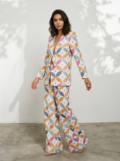 Women's Two-Piece Set – Jacquard Blazer, Wide-Leg Pants