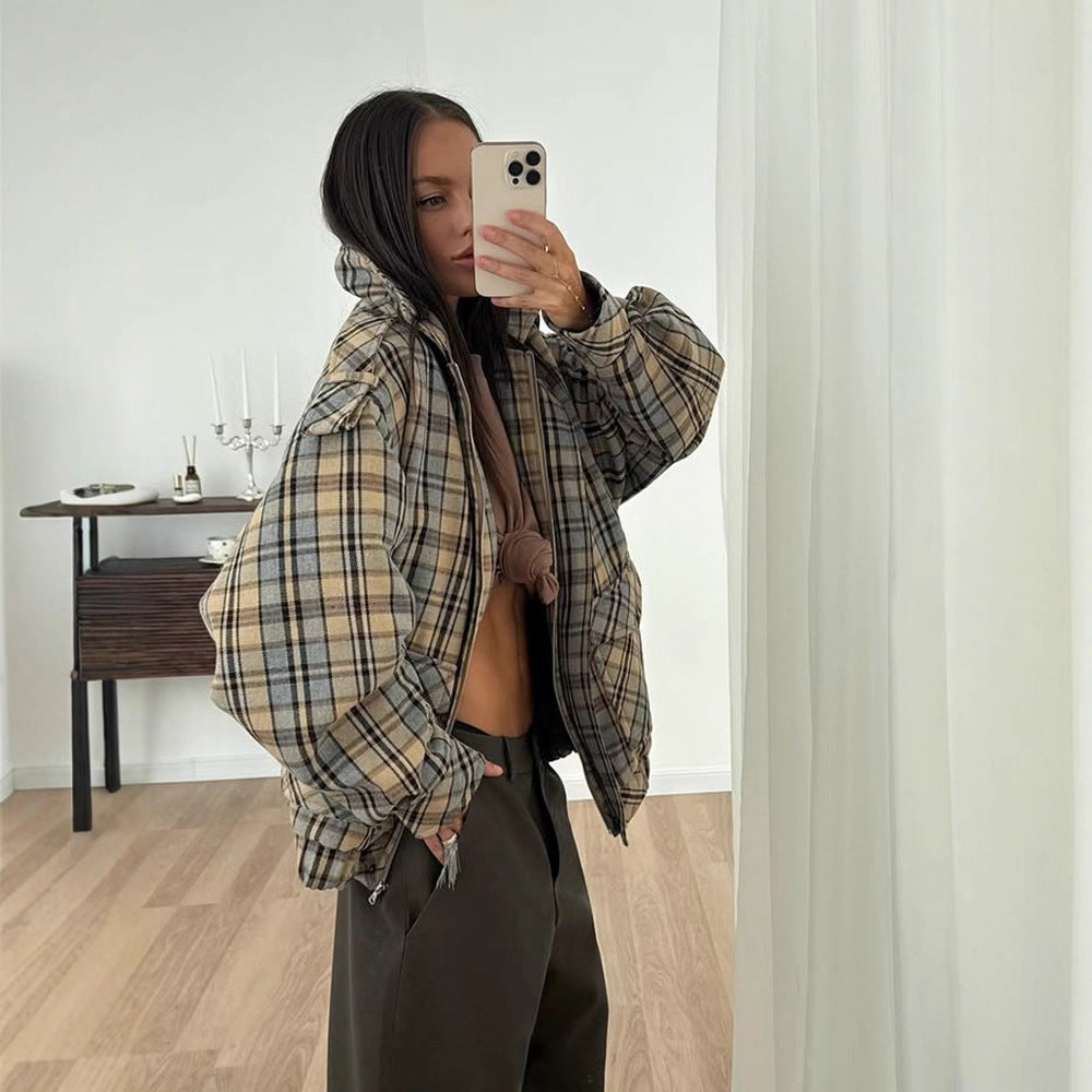 Women's Plaid Coat – Oversized, Front Zip, Boxy Fit