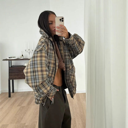 Women's Plaid Coat – Oversized, Front Zip, Boxy Fit
