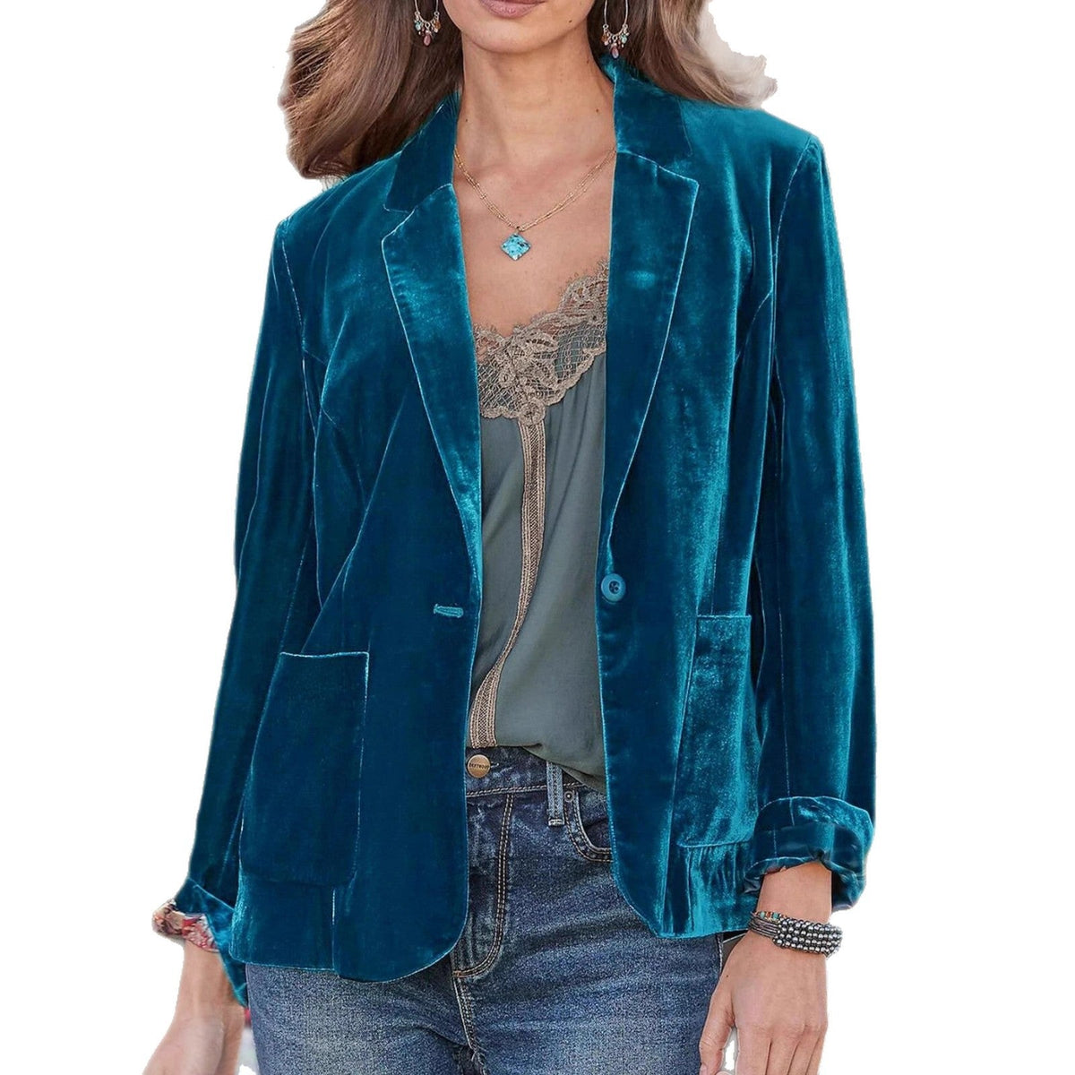 Women's Velvet Blazer – Single-Button, Notch Lapel, Relaxed Fit