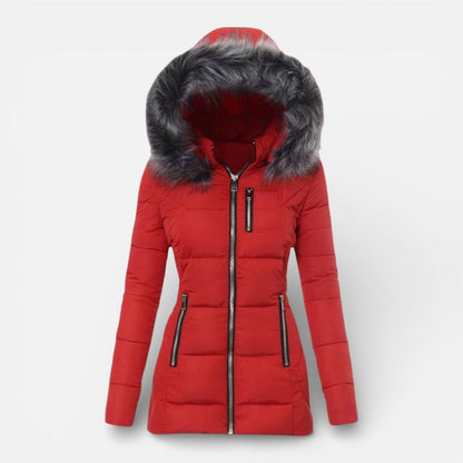 Women's Quilted Hooded Jacket with Faux Fur Trim