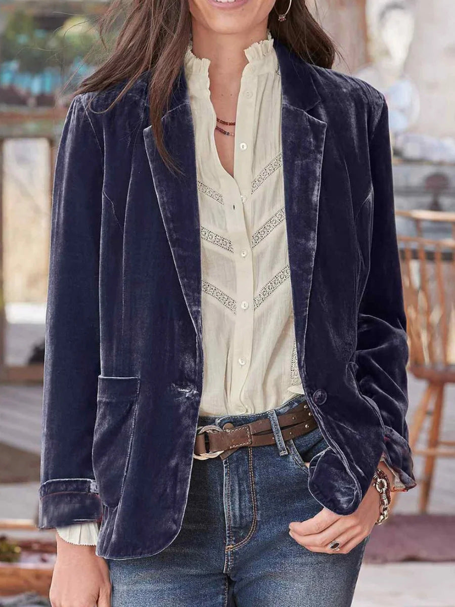Women's Velvet Blazer – Single-Button, Notch Lapel, Relaxed Fit