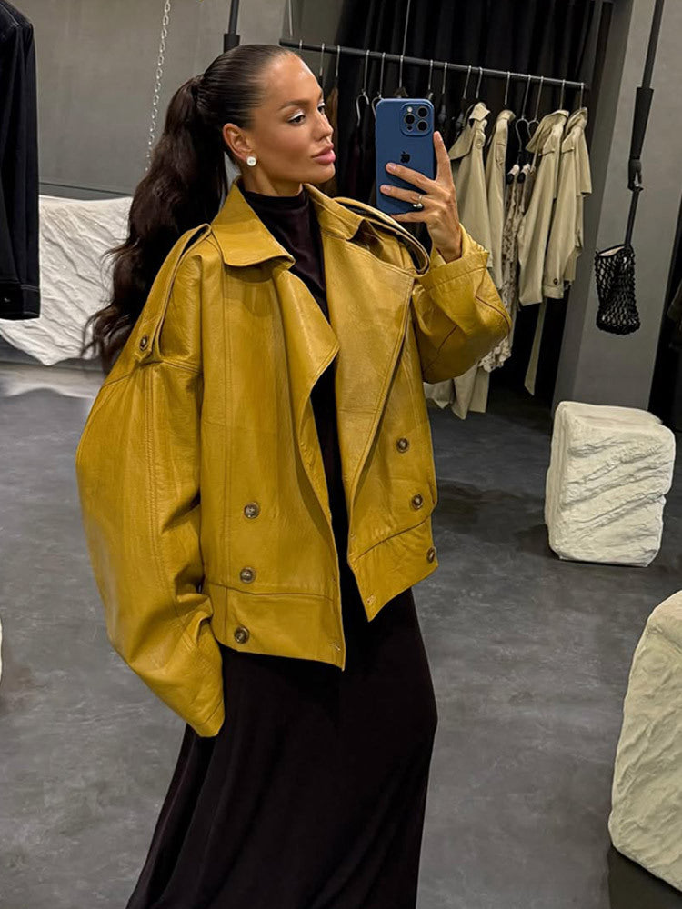 Women's Leather Jacket – Balloon Sleeves, Double-Breasted