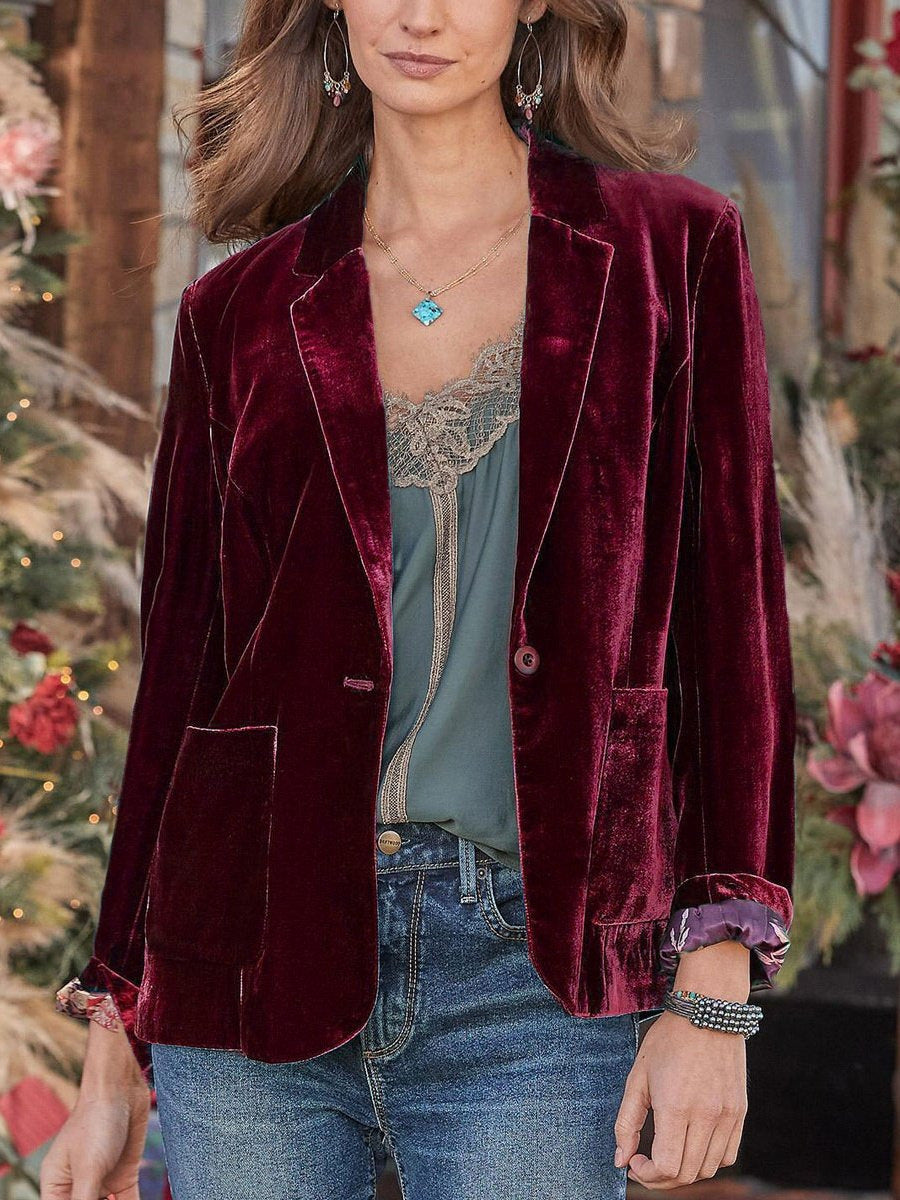 Women's Velvet Blazer – Single-Button, Notch Lapel, Relaxed Fit