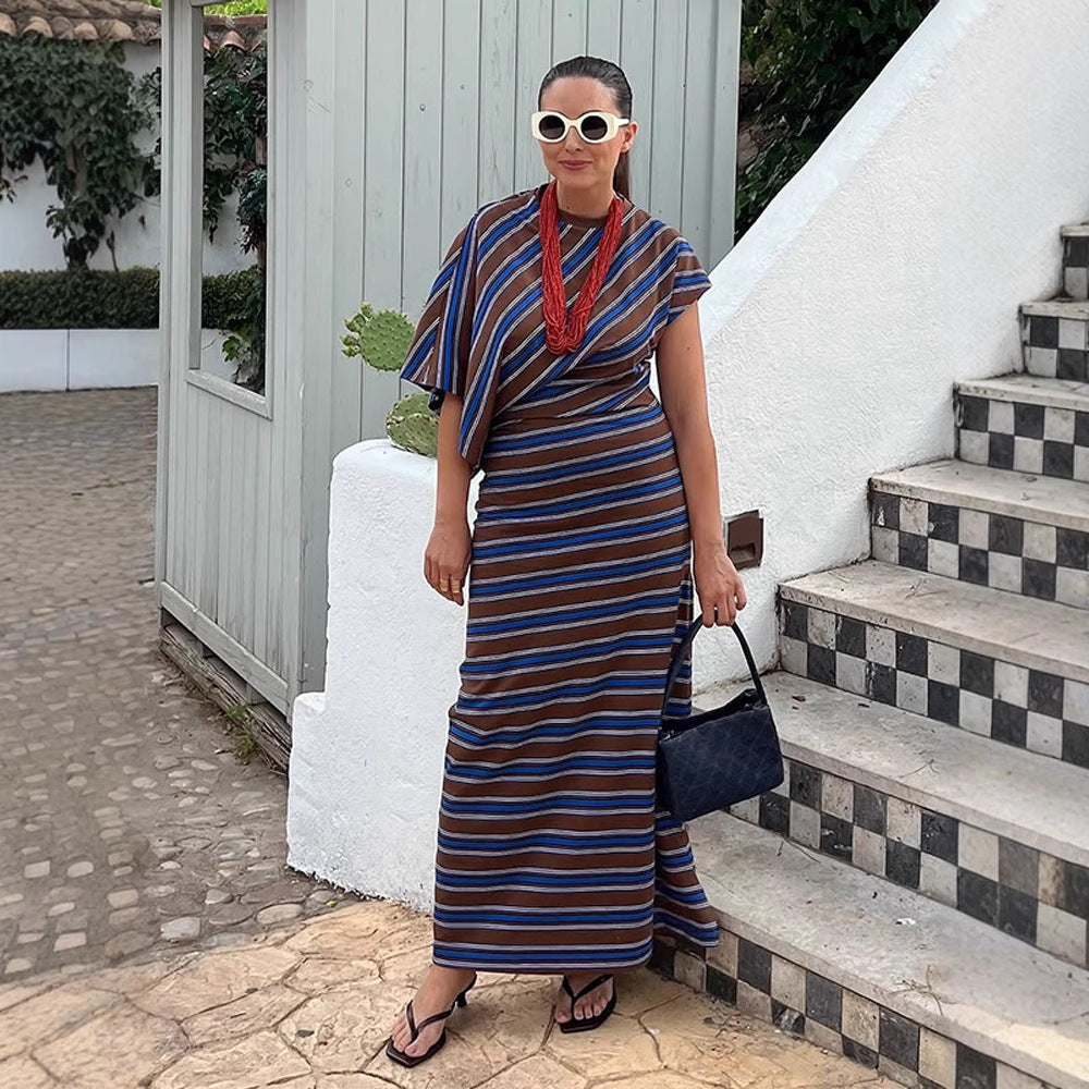 Women's Maxi Dress – Asymmetrical Cape Sleeve, Striped
