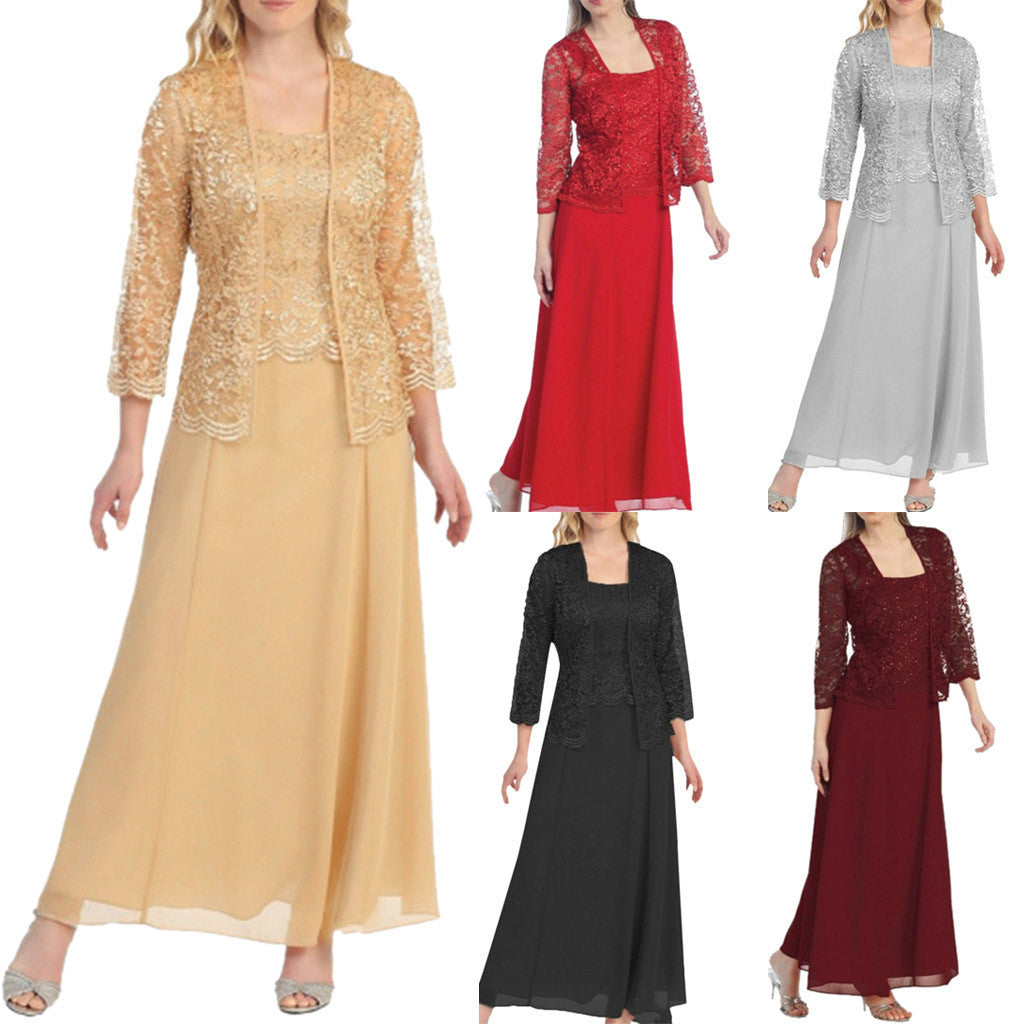 Women's Two-Piece Maxi Dress Set – Lace Bolero, Square Neck