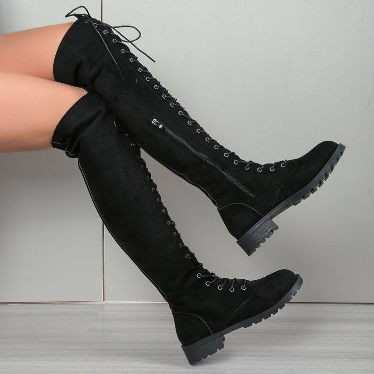 Women's Thigh-High Boots – Suede, Lace-Up, Side Zip