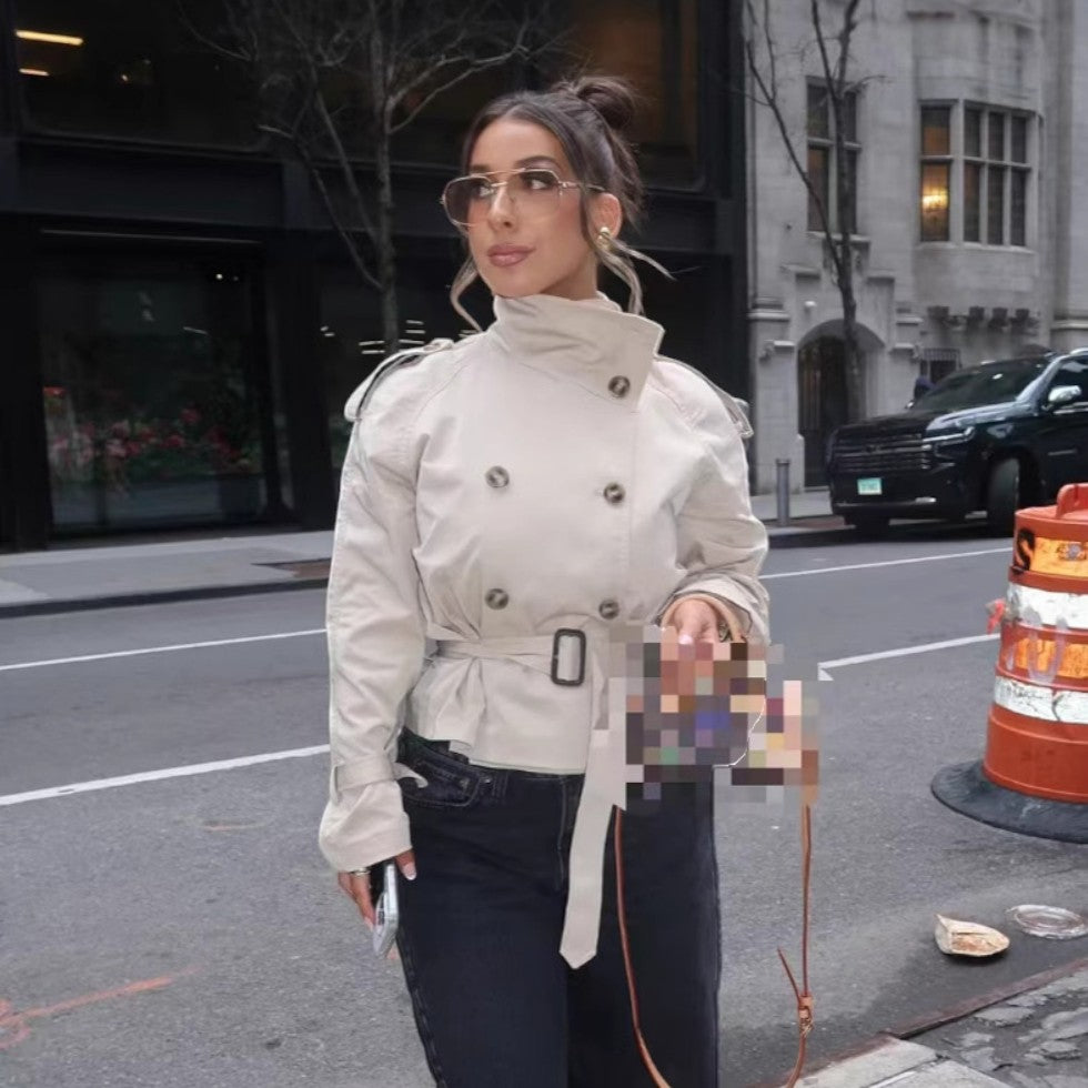 Women's Short Trench Jacket with High Collar and Belt