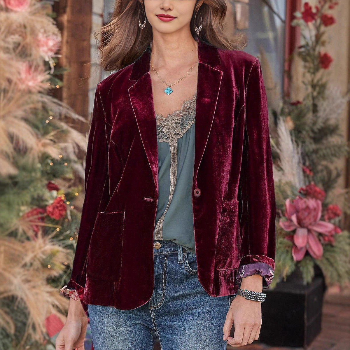 Women's Velvet Blazer – Single-Button, Notch Lapel, Relaxed Fit