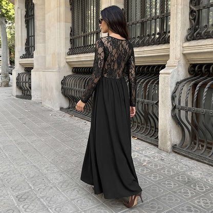 Women's Midi Dress – Lace Long Sleeve, Square Neck