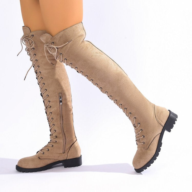 Women's Thigh-High Boots – Suede, Lace-Up, Side Zip