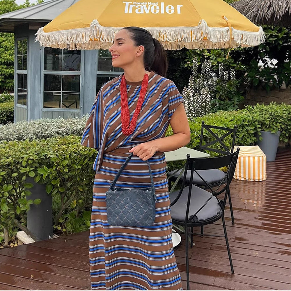 Women's Maxi Dress – Asymmetrical Cape Sleeve, Striped