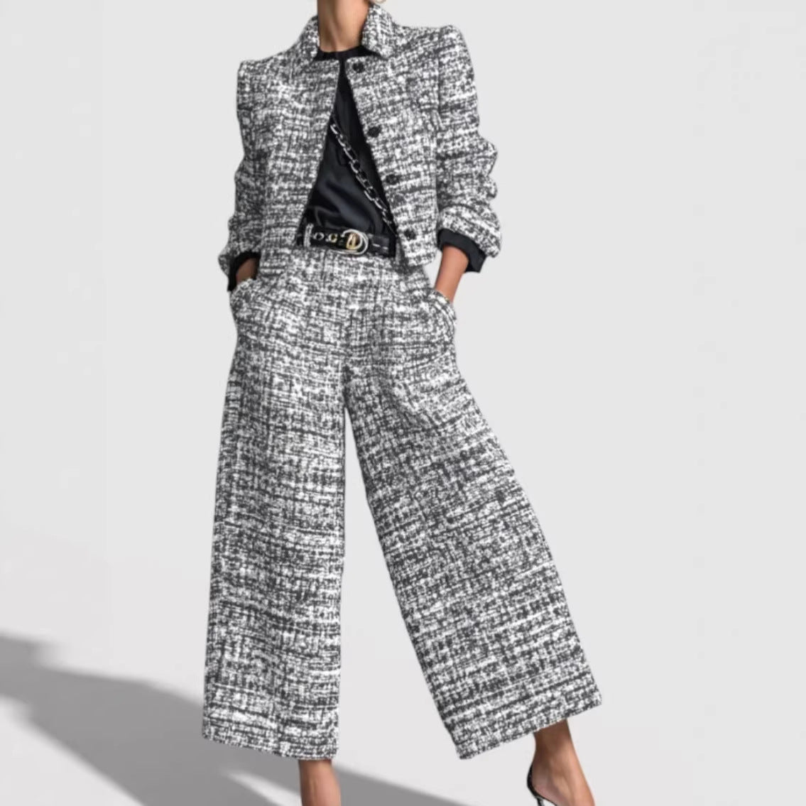 Women's Tweed Blazer Set – Wide-Leg Pants, Textured Woven