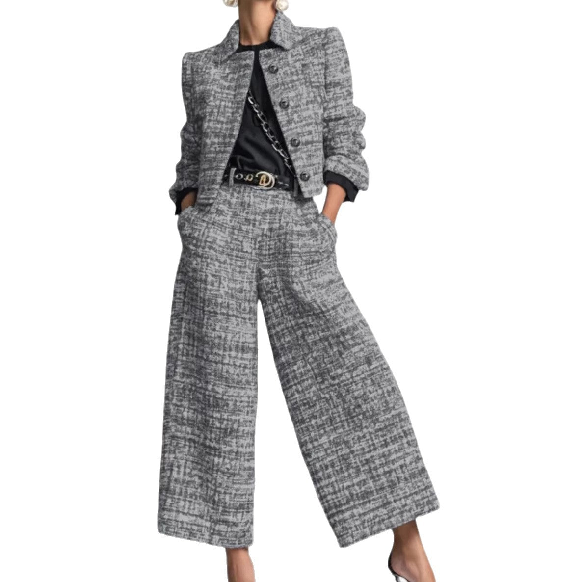 Women's Tweed Blazer Set – Wide-Leg Pants, Textured Woven