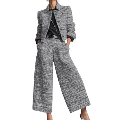 Women's Tweed Blazer Set – Wide-Leg Pants, Textured Woven