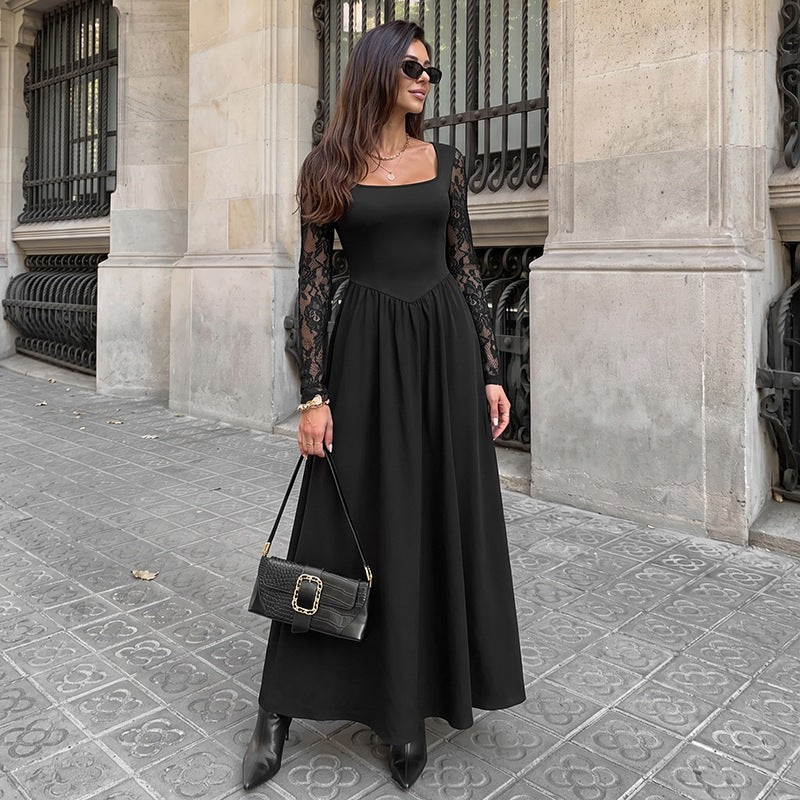 Women's Midi Dress – Lace Long Sleeve, Square Neck