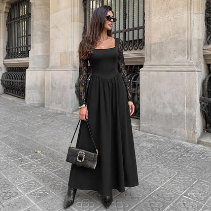 Women's Midi Dress – Lace Long Sleeve, Square Neck