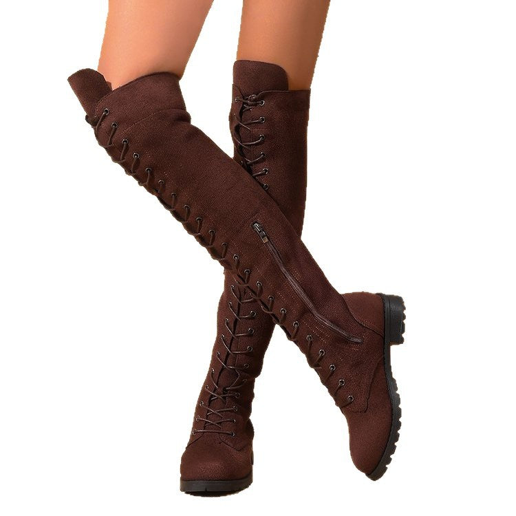Women's Thigh-High Boots – Suede, Lace-Up, Side Zip