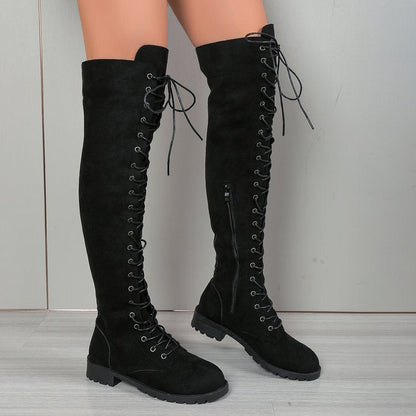 Women's Thigh-High Boots – Suede, Lace-Up, Side Zip