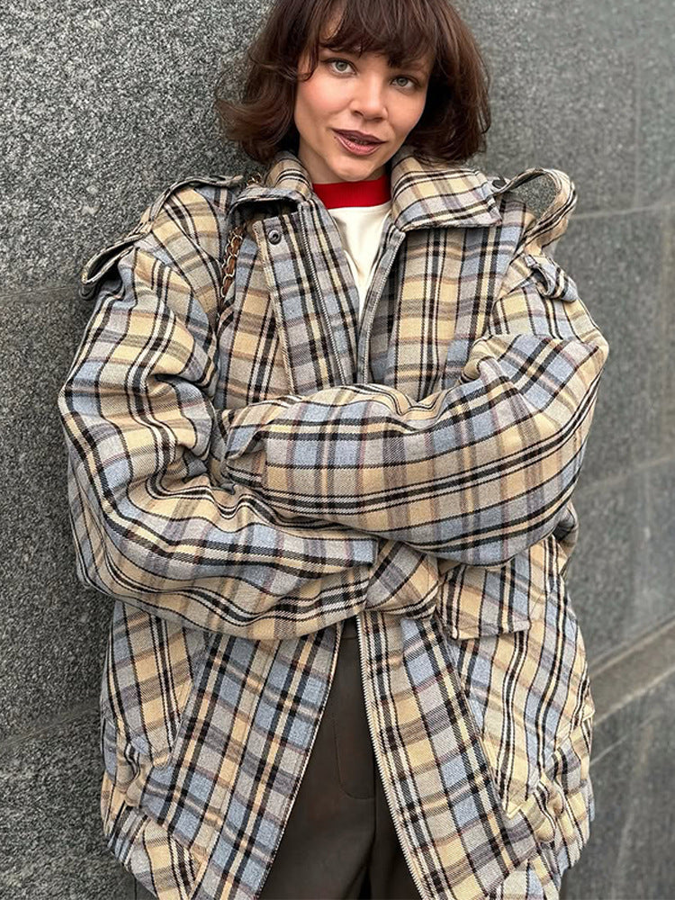 Women's Plaid Coat – Oversized, Front Zip, Boxy Fit