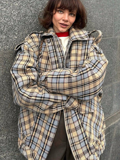 Women's Plaid Coat – Oversized, Front Zip, Boxy Fit