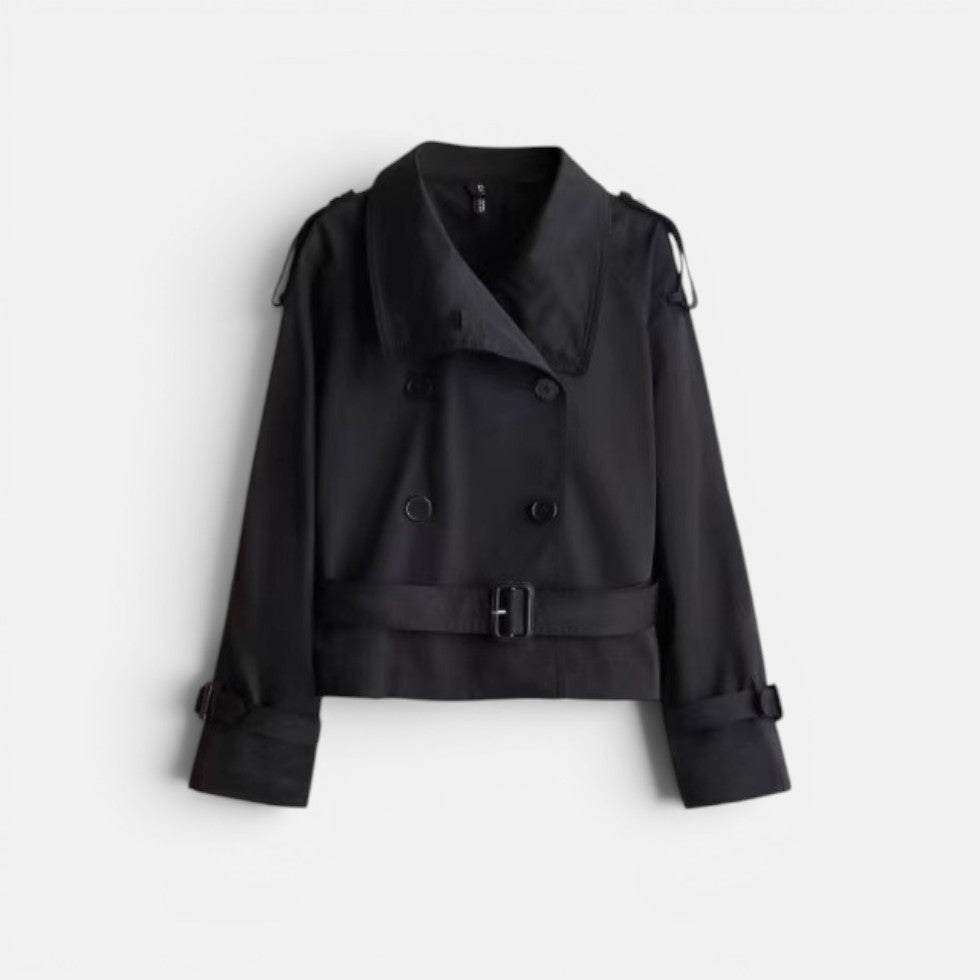 Women's Short Trench Jacket with High Collar and Belt