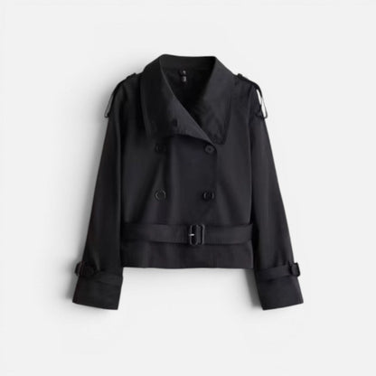 Women's Short Trench Jacket with High Collar and Belt