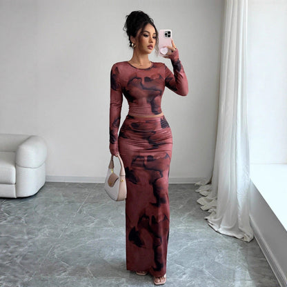 Women's Two-Piece Set – Ruched Mesh, Side Slit, Midi