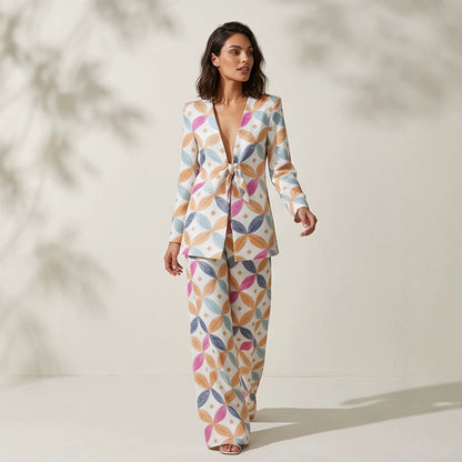 Women's Two-Piece Set – Jacquard Blazer, Wide-Leg Pants