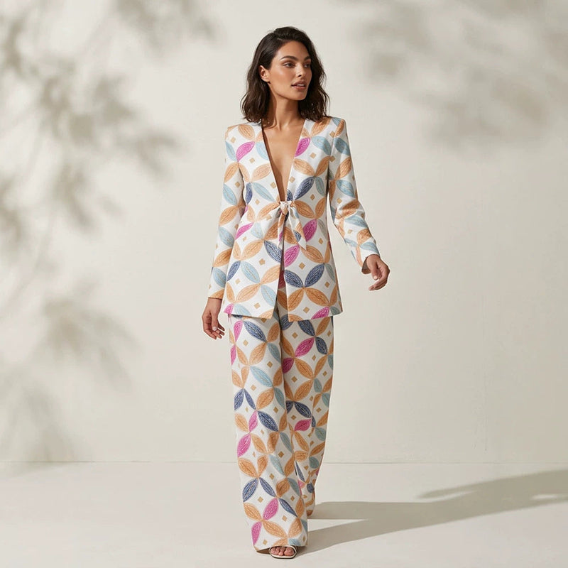 Women's Matching Set – Jacquard Blazer, Wide-Leg Pants