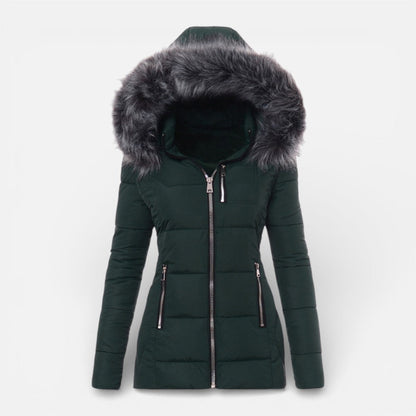Women's Quilted Hooded Jacket with Faux Fur Trim