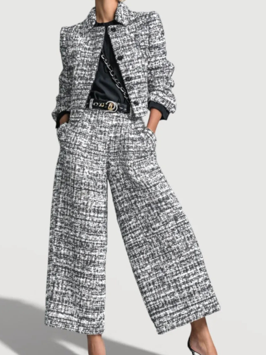 Women's Tweed Blazer Set – Wide-Leg Pants, Textured Woven