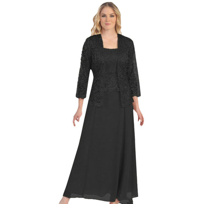 Women's Two-Piece Maxi Dress Set – Lace Bolero, Square Neck