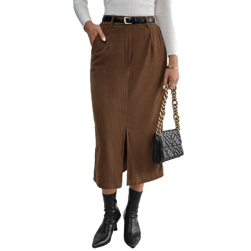Women's Corduroy Midi Skirt – Front Slit, Elastic Waistband