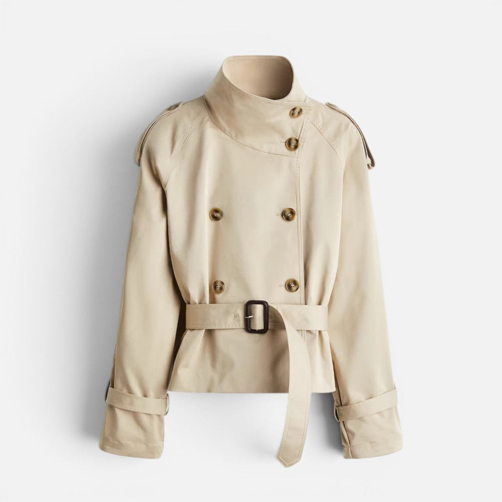 Women's Short Trench Jacket with High Collar and Belt
